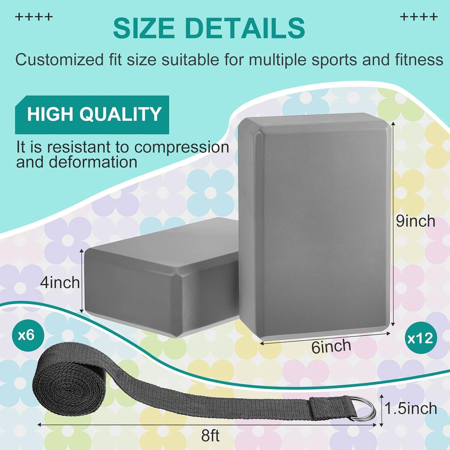 18 Pcs Yoga Blocks and Strap Set Include 12 EVA Foam Yoga Blocks Bulk 9"x6"x3" with 6 Adjustable 8 ft Straps D Ring Non Slip Props for Stretching Pilates Workout Studio Home Gym