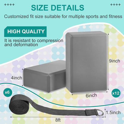 18 Pcs Yoga Blocks and Strap Set Include 12 EVA Foam Yoga Blocks Bulk 9"x6"x3" with 6 Adjustable 8 ft Straps D Ring Non Slip Props for Stretching Pilates Workout Studio Home Gym