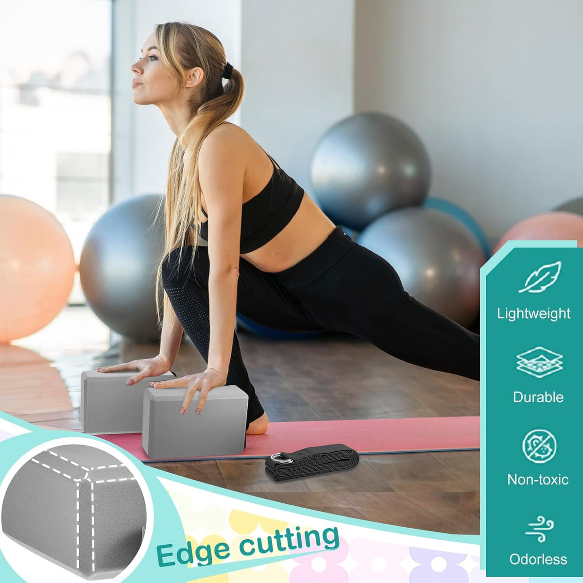 18 Pcs Yoga Blocks and Strap Set Include 12 EVA Foam Yoga Blocks Bulk 9"x6"x3" with 6 Adjustable 8 ft Straps D Ring Non Slip Props for Stretching Pilates Workout Studio Home Gym