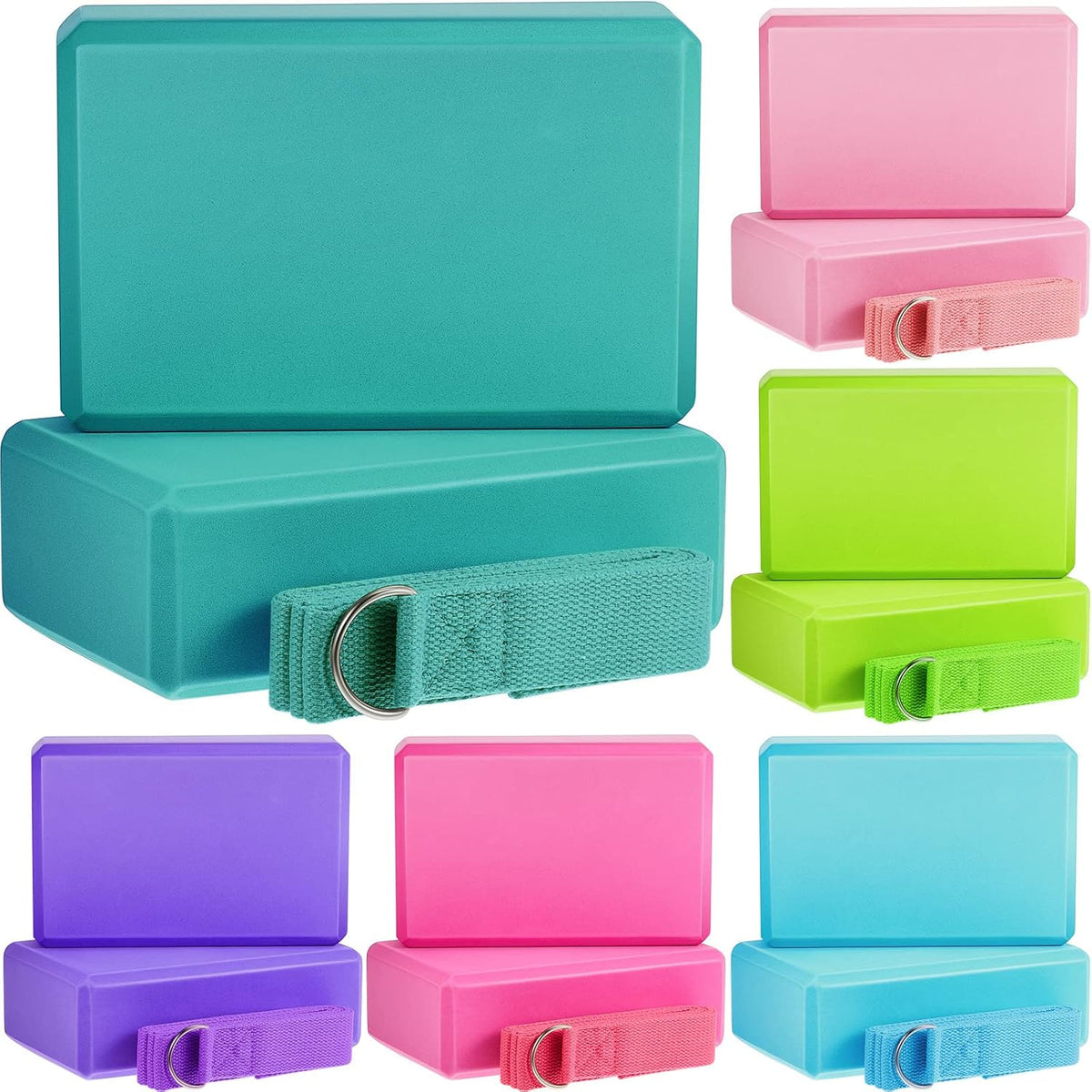 18 Pcs Yoga Blocks and Strap Set Include 12 EVA Foam Yoga Blocks Bulk 9"x6"x3" with 6 Adjustable 8 ft Straps D Ring Non Slip Props for Stretching Pilates Workout Studio Home Gym