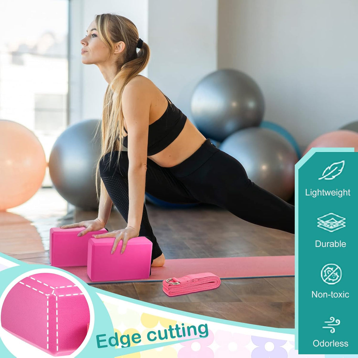 18 Pcs Yoga Blocks and Strap Set Include 12 EVA Foam Yoga Blocks Bulk 9"x6"x3" with 6 Adjustable 8 ft Straps D Ring Non Slip Props for Stretching Pilates Workout Studio Home Gym