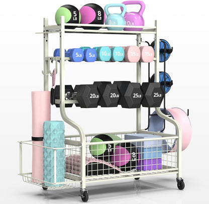 Dumbbell Rack, Weight Rack for Dumbbells, Home Gym Storage for Dumbbells Kettlebells Yoga Mat and Balls, All in One Workout Storage with Wheels and Hooks, Powder Coated Finish Steel