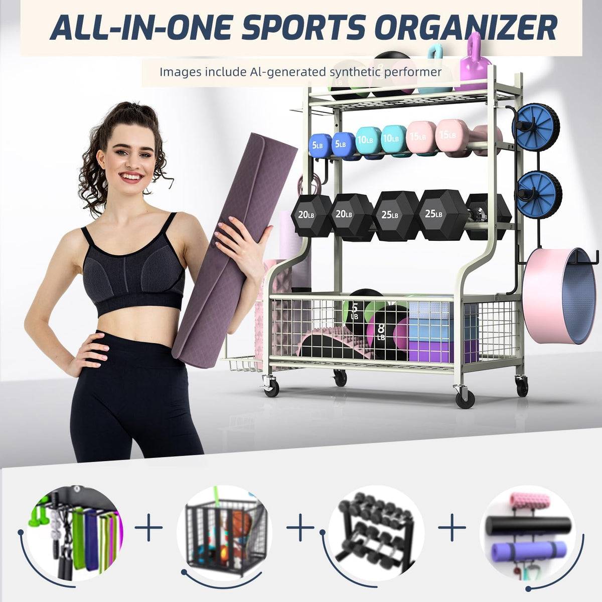Dumbbell Rack, Weight Rack for Dumbbells, Home Gym Storage for Dumbbells Kettlebells Yoga Mat and Balls, All in One Workout Storage with Wheels and Hooks, Powder Coated Finish Steel