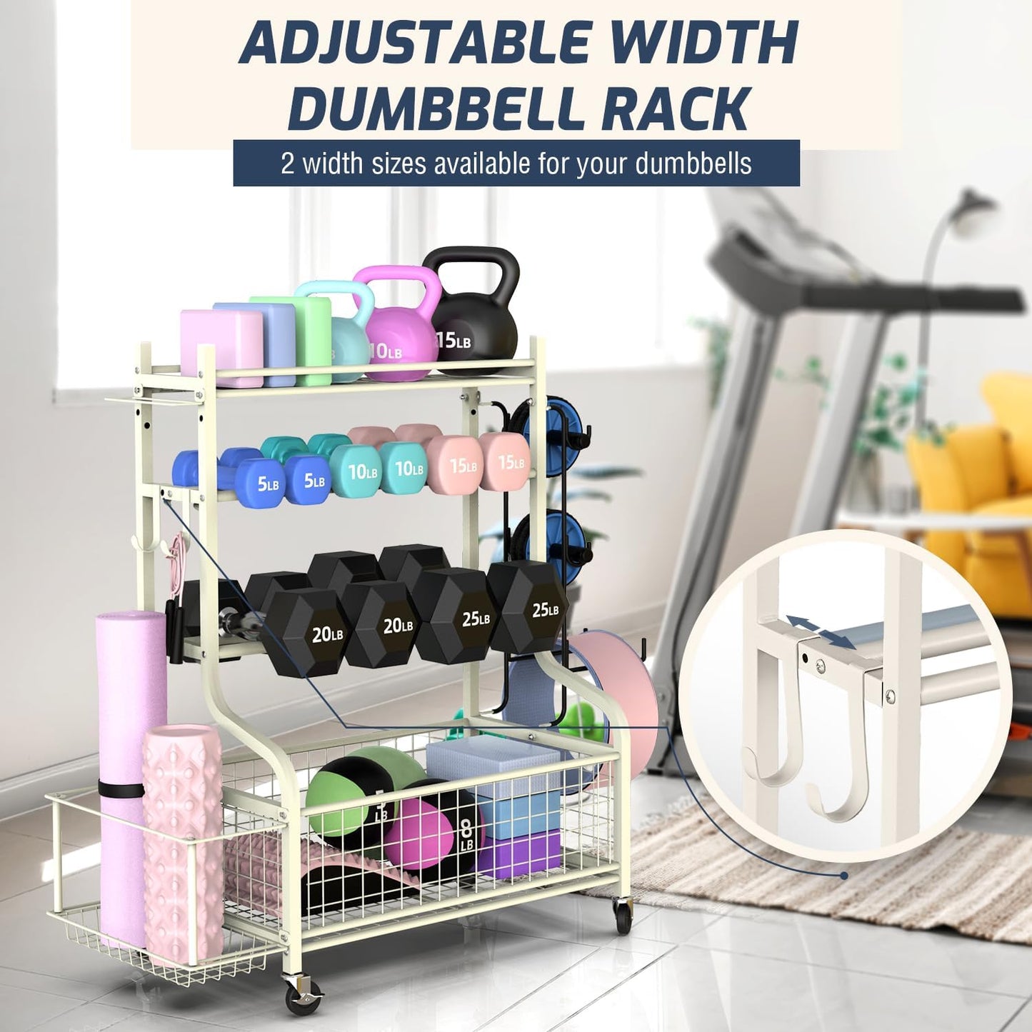Dumbbell Rack, Weight Rack for Dumbbells, Home Gym Storage for Dumbbells Kettlebells Yoga Mat and Balls, All in One Workout Storage with Wheels and Hooks, Powder Coated Finish Steel