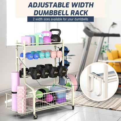 Dumbbell Rack, Weight Rack for Dumbbells, Home Gym Storage for Dumbbells Kettlebells Yoga Mat and Balls, All in One Workout Storage with Wheels and Hooks, Powder Coated Finish Steel