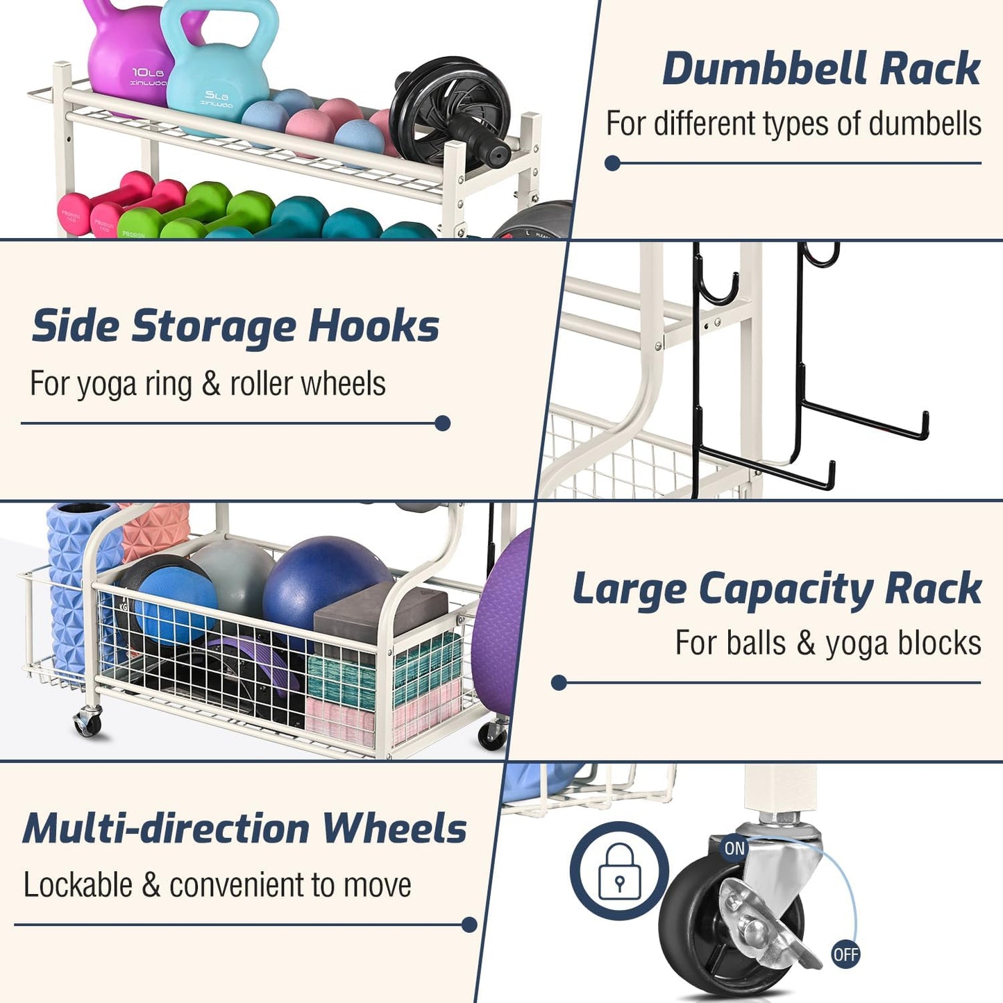 Dumbbell Rack, Weight Rack for Dumbbells, Home Gym Storage for Dumbbells Kettlebells Yoga Mat and Balls, All in One Workout Storage with Wheels and Hooks, Powder Coated Finish Steel