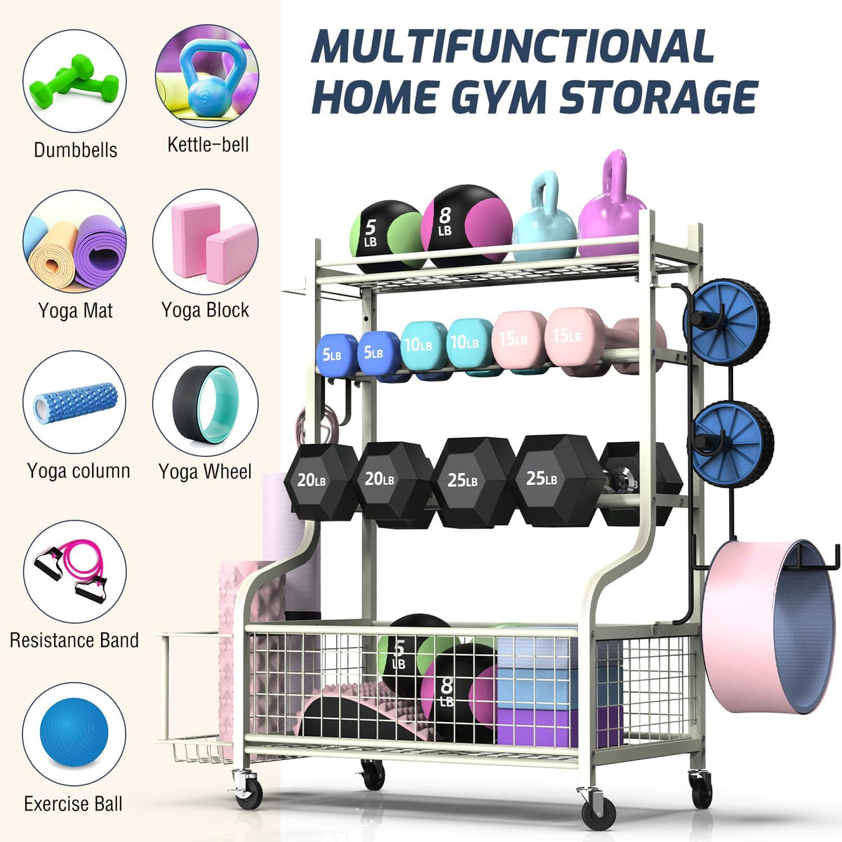 Dumbbell Rack, Weight Rack for Dumbbells, Home Gym Storage for Dumbbells Kettlebells Yoga Mat and Balls, All in One Workout Storage with Wheels and Hooks, Powder Coated Finish Steel