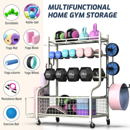 Dumbbell Rack, Weight Rack for Dumbbells, Home Gym Storage for Dumbbells Kettlebells Yoga Mat and Balls, All in One Workout Storage with Wheels and Hooks, Powder Coated Finish Steel