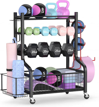 Dumbbell Rack, Weight Rack for Dumbbells, Home Gym Storage for Dumbbells Kettlebells Yoga Mat and Balls, All in One Workout Storage with Wheels and Hooks, Powder Coated Finish Steel