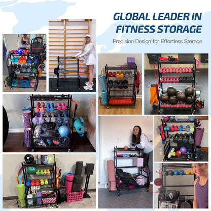 Dumbbell Rack, Weight Rack for Dumbbells, Home Gym Storage for Dumbbells Kettlebells Yoga Mat and Balls, All in One Workout Storage with Wheels and Hooks, Powder Coated Finish Steel
