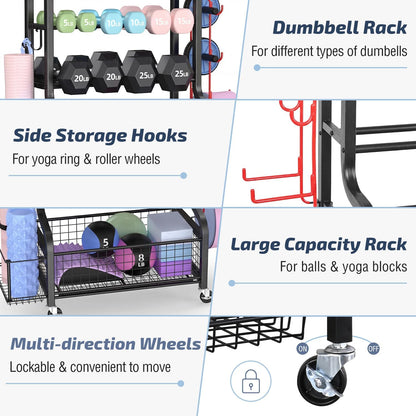 Dumbbell Rack, Weight Rack for Dumbbells, Home Gym Storage for Dumbbells Kettlebells Yoga Mat and Balls, All in One Workout Storage with Wheels and Hooks, Powder Coated Finish Steel