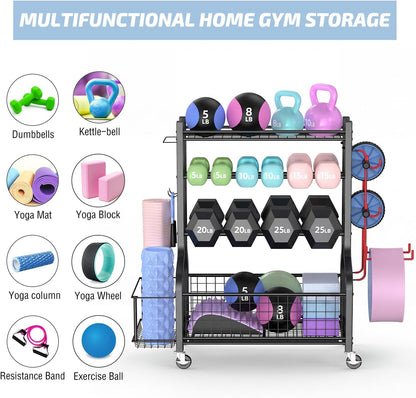 Dumbbell Rack, Weight Rack for Dumbbells, Home Gym Storage for Dumbbells Kettlebells Yoga Mat and Balls, All in One Workout Storage with Wheels and Hooks, Powder Coated Finish Steel