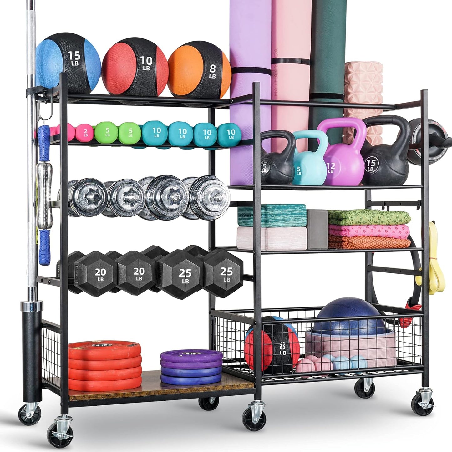 Dumbbell Rack, Weight Rack for Dumbbells, Home Gym Storage for Dumbbells Kettlebells Yoga Mat and Balls, All in One Workout Storage with Wheels and Hooks, Powder Coated Finish Steel