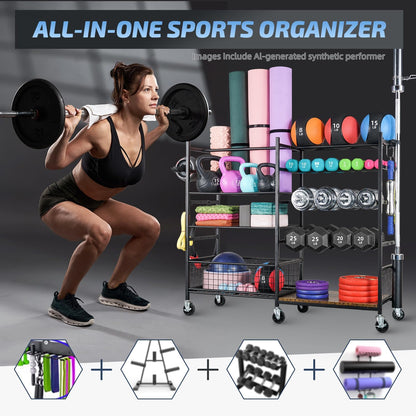 Dumbbell Rack, Weight Rack for Dumbbells, Home Gym Storage for Dumbbells Kettlebells Yoga Mat and Balls, All in One Workout Storage with Wheels and Hooks, Powder Coated Finish Steel