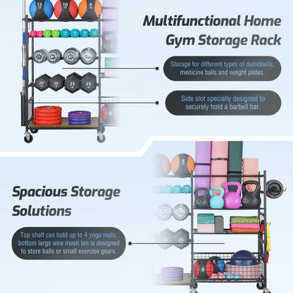 Dumbbell Rack, Weight Rack for Dumbbells, Home Gym Storage for Dumbbells Kettlebells Yoga Mat and Balls, All in One Workout Storage with Wheels and Hooks, Powder Coated Finish Steel