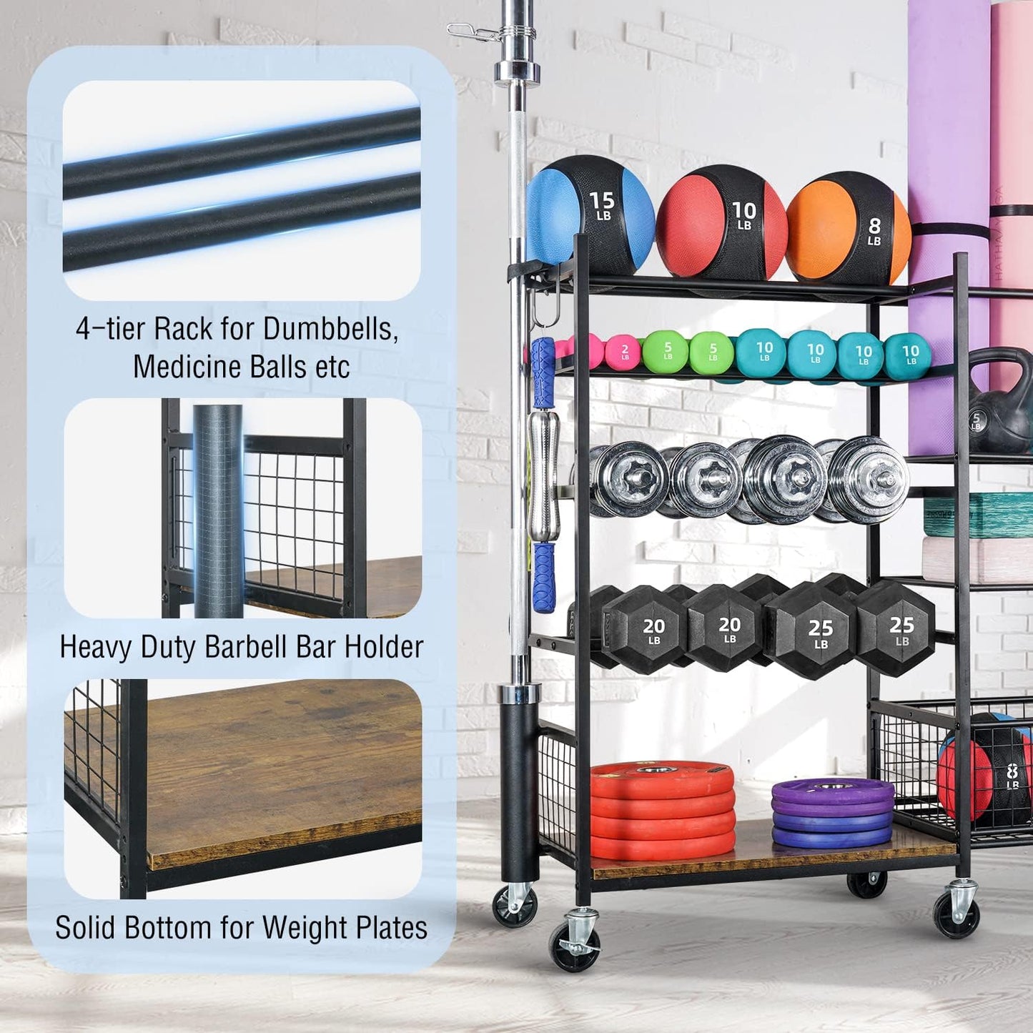 Dumbbell Rack, Weight Rack for Dumbbells, Home Gym Storage for Dumbbells Kettlebells Yoga Mat and Balls, All in One Workout Storage with Wheels and Hooks, Powder Coated Finish Steel