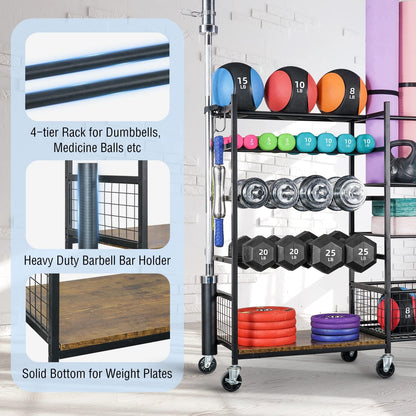 Dumbbell Rack, Weight Rack for Dumbbells, Home Gym Storage for Dumbbells Kettlebells Yoga Mat and Balls, All in One Workout Storage with Wheels and Hooks, Powder Coated Finish Steel