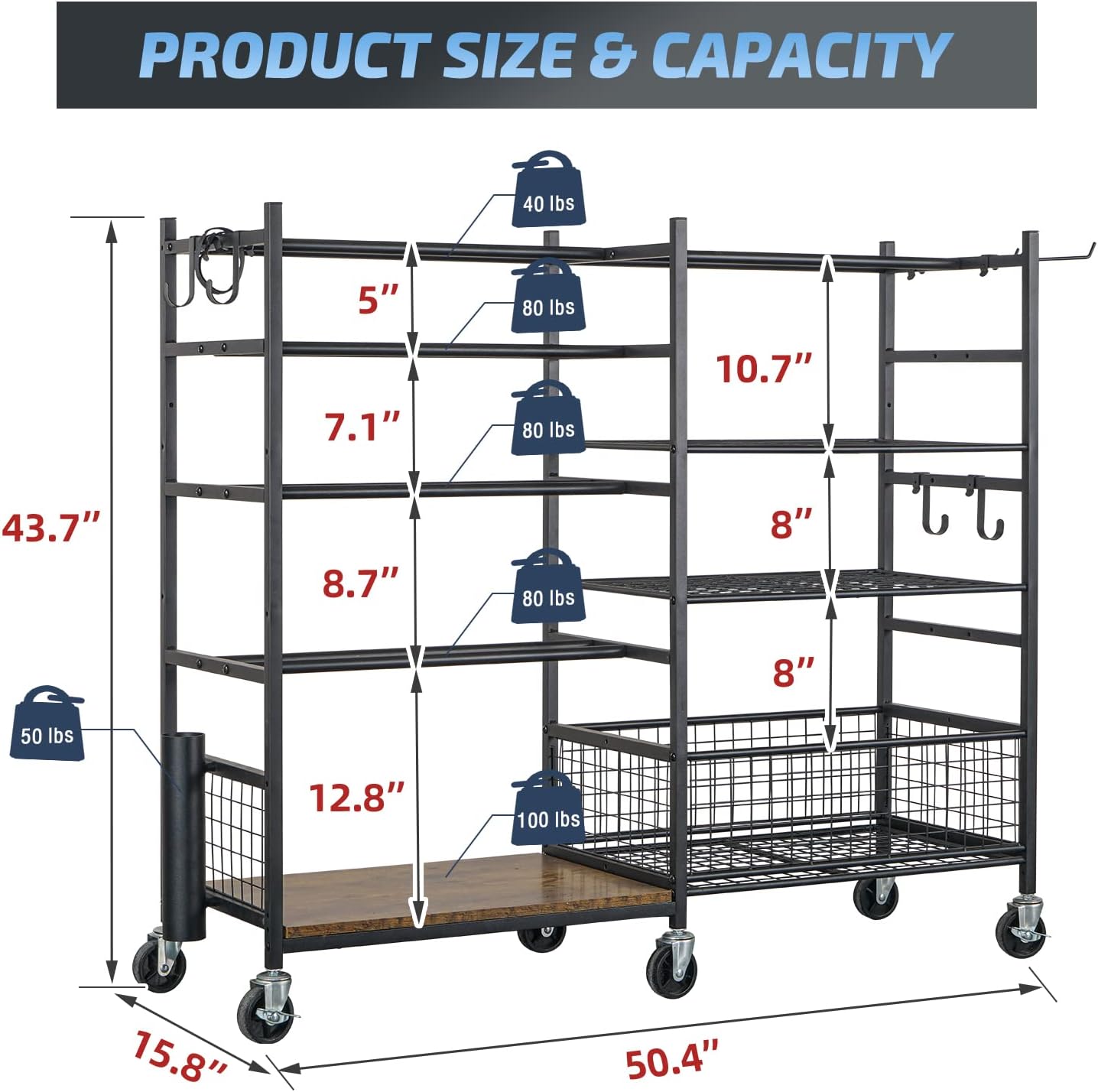Dumbbell Rack, Weight Rack for Dumbbells, Home Gym Storage for Dumbbells Kettlebells Yoga Mat and Balls, All in One Workout Storage with Wheels and Hooks, Powder Coated Finish Steel