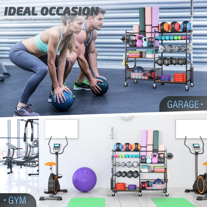 Dumbbell Rack, Weight Rack for Dumbbells, Home Gym Storage for Dumbbells Kettlebells Yoga Mat and Balls, All in One Workout Storage with Wheels and Hooks, Powder Coated Finish Steel