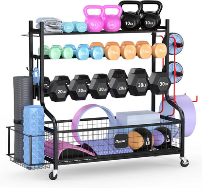 Dumbbell Rack, Weight Rack for Dumbbells, Home Gym Storage for Dumbbells Kettlebells Yoga Mat and Balls, All in One Workout Storage with Wheels and Hooks, Powder Coated Finish Steel