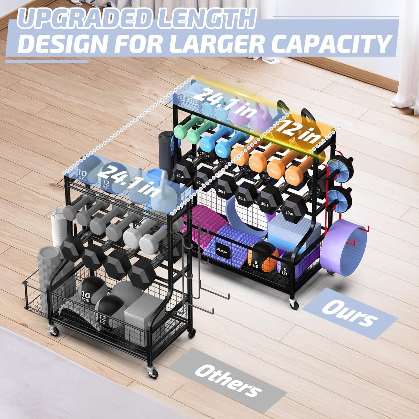 Dumbbell Rack, Weight Rack for Dumbbells, Home Gym Storage for Dumbbells Kettlebells Yoga Mat and Balls, All in One Workout Storage with Wheels and Hooks, Powder Coated Finish Steel