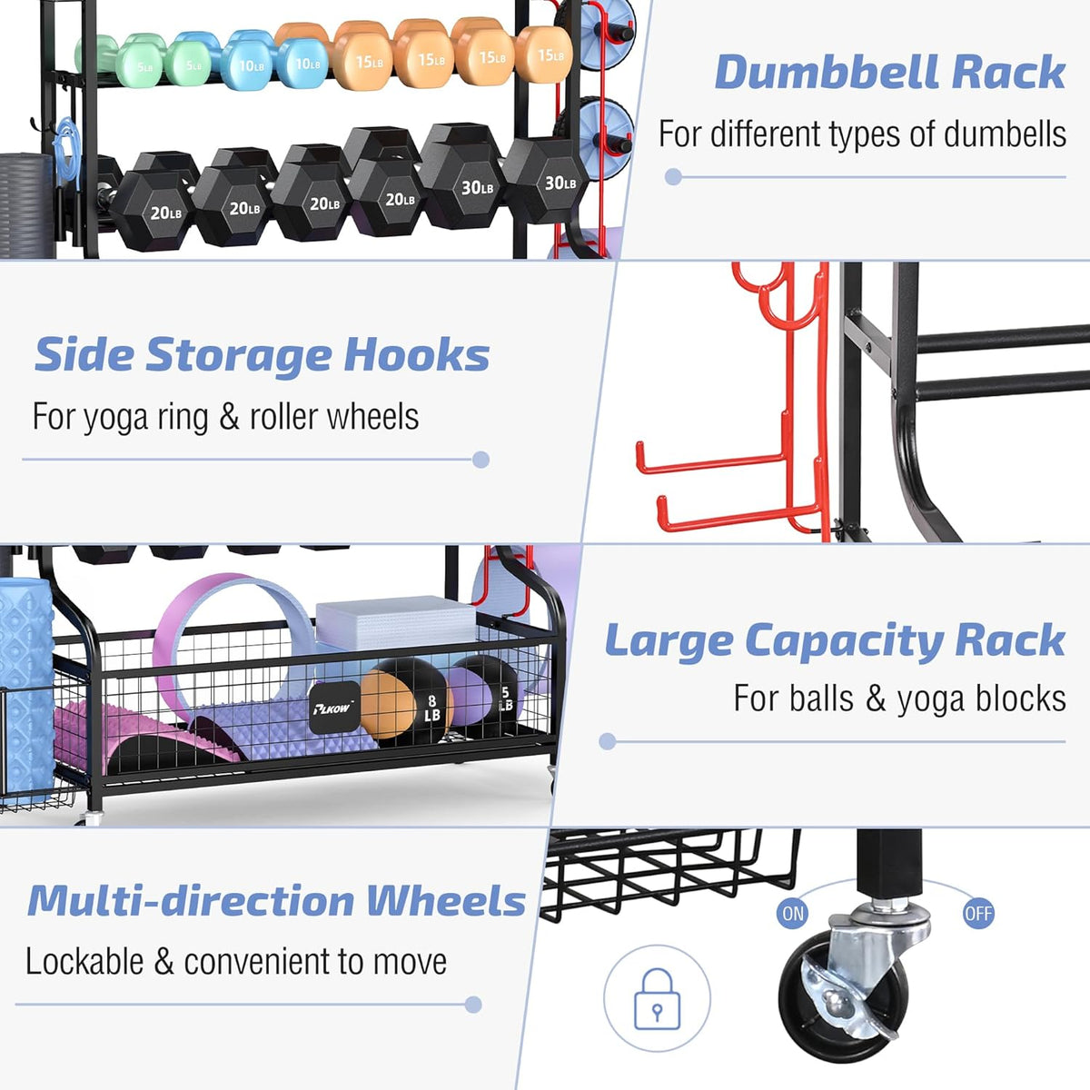 Dumbbell Rack, Weight Rack for Dumbbells, Home Gym Storage for Dumbbells Kettlebells Yoga Mat and Balls, All in One Workout Storage with Wheels and Hooks, Powder Coated Finish Steel