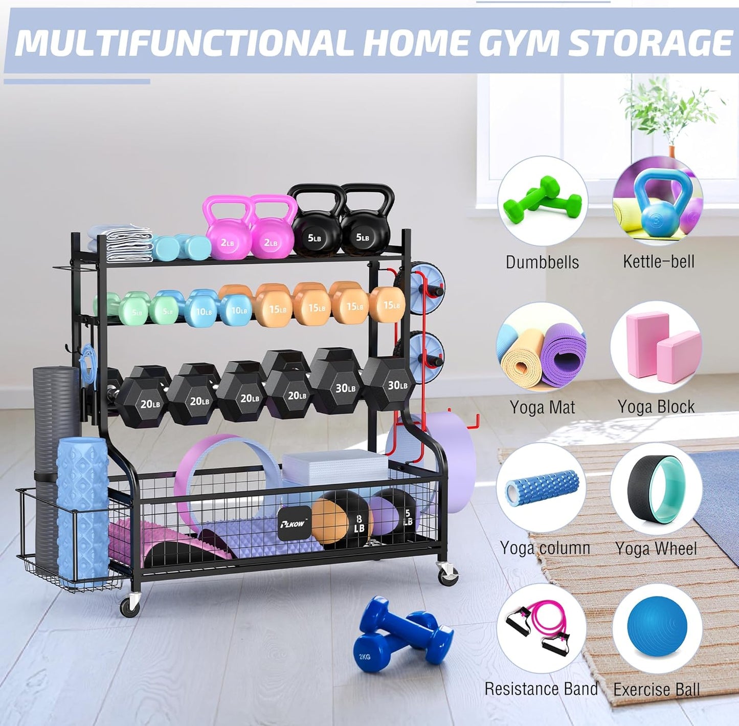 Dumbbell Rack, Weight Rack for Dumbbells, Home Gym Storage for Dumbbells Kettlebells Yoga Mat and Balls, All in One Workout Storage with Wheels and Hooks, Powder Coated Finish Steel