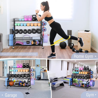 Dumbbell Rack, Weight Rack for Dumbbells, Home Gym Storage for Dumbbells Kettlebells Yoga Mat and Balls, All in One Workout Storage with Wheels and Hooks, Powder Coated Finish Steel