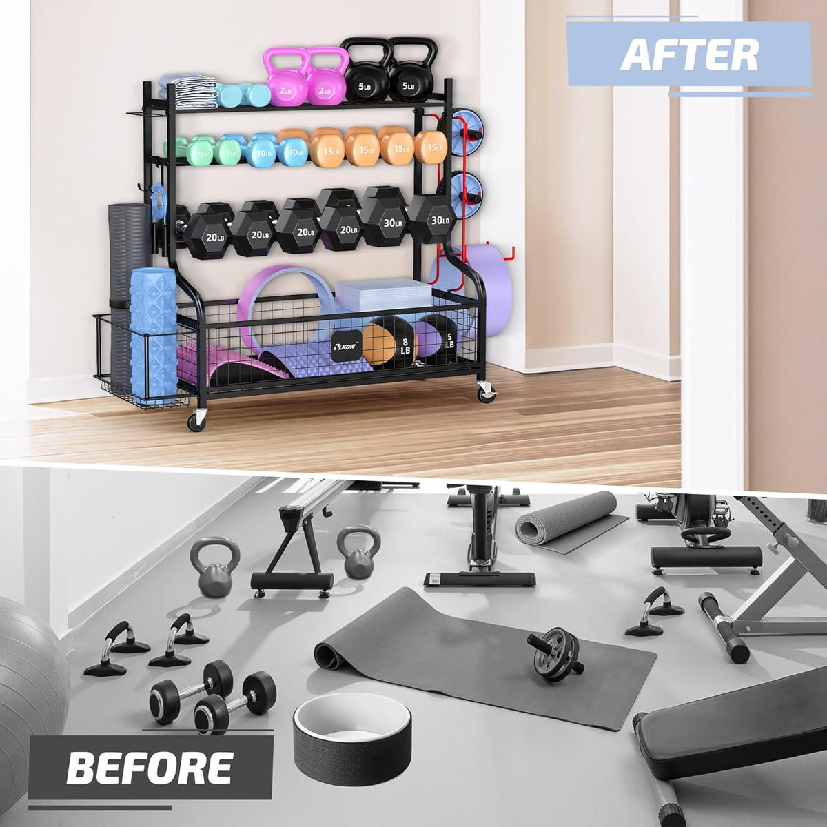 Dumbbell Rack, Weight Rack for Dumbbells, Home Gym Storage for Dumbbells Kettlebells Yoga Mat and Balls, All in One Workout Storage with Wheels and Hooks, Powder Coated Finish Steel