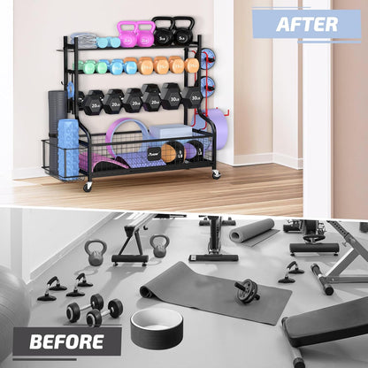 Dumbbell Rack, Weight Rack for Dumbbells, Home Gym Storage for Dumbbells Kettlebells Yoga Mat and Balls, All in One Workout Storage with Wheels and Hooks, Powder Coated Finish Steel