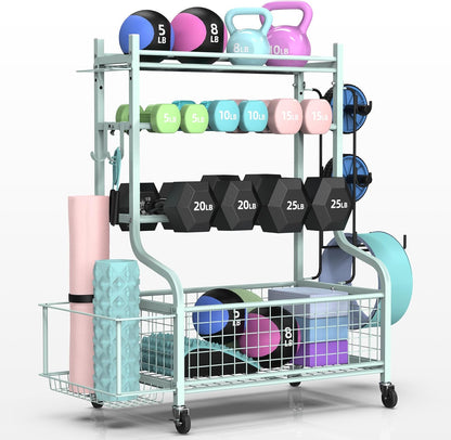 Dumbbell Rack, Weight Rack for Dumbbells, Home Gym Storage for Dumbbells Kettlebells Yoga Mat and Balls, All in One Workout Storage with Wheels and Hooks, Powder Coated Finish Steel