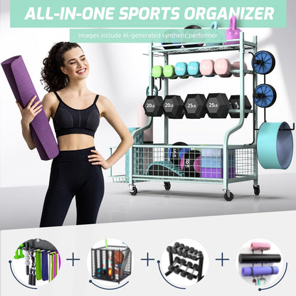 Dumbbell Rack, Weight Rack for Dumbbells, Home Gym Storage for Dumbbells Kettlebells Yoga Mat and Balls, All in One Workout Storage with Wheels and Hooks, Powder Coated Finish Steel