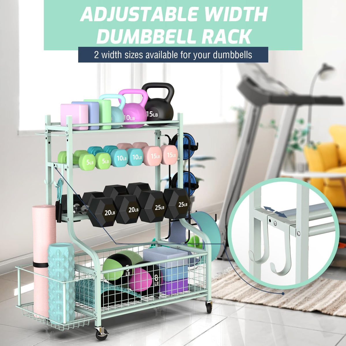 Dumbbell Rack, Weight Rack for Dumbbells, Home Gym Storage for Dumbbells Kettlebells Yoga Mat and Balls, All in One Workout Storage with Wheels and Hooks, Powder Coated Finish Steel