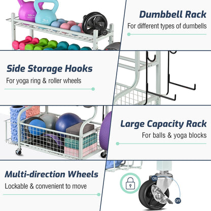 Dumbbell Rack, Weight Rack for Dumbbells, Home Gym Storage for Dumbbells Kettlebells Yoga Mat and Balls, All in One Workout Storage with Wheels and Hooks, Powder Coated Finish Steel