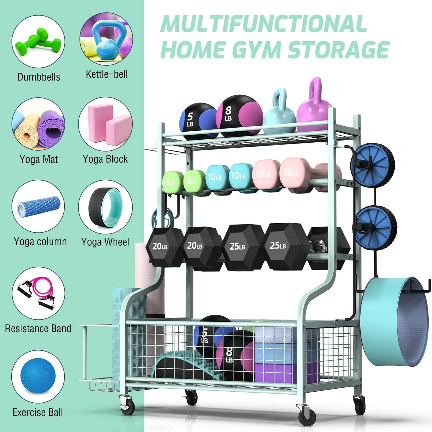 Dumbbell Rack, Weight Rack for Dumbbells, Home Gym Storage for Dumbbells Kettlebells Yoga Mat and Balls, All in One Workout Storage with Wheels and Hooks, Powder Coated Finish Steel