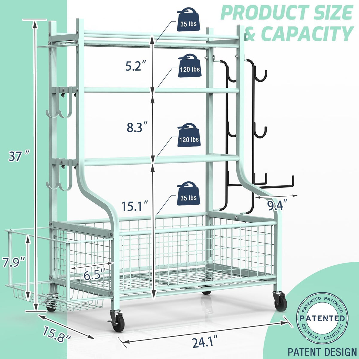 Dumbbell Rack, Weight Rack for Dumbbells, Home Gym Storage for Dumbbells Kettlebells Yoga Mat and Balls, All in One Workout Storage with Wheels and Hooks, Powder Coated Finish Steel
