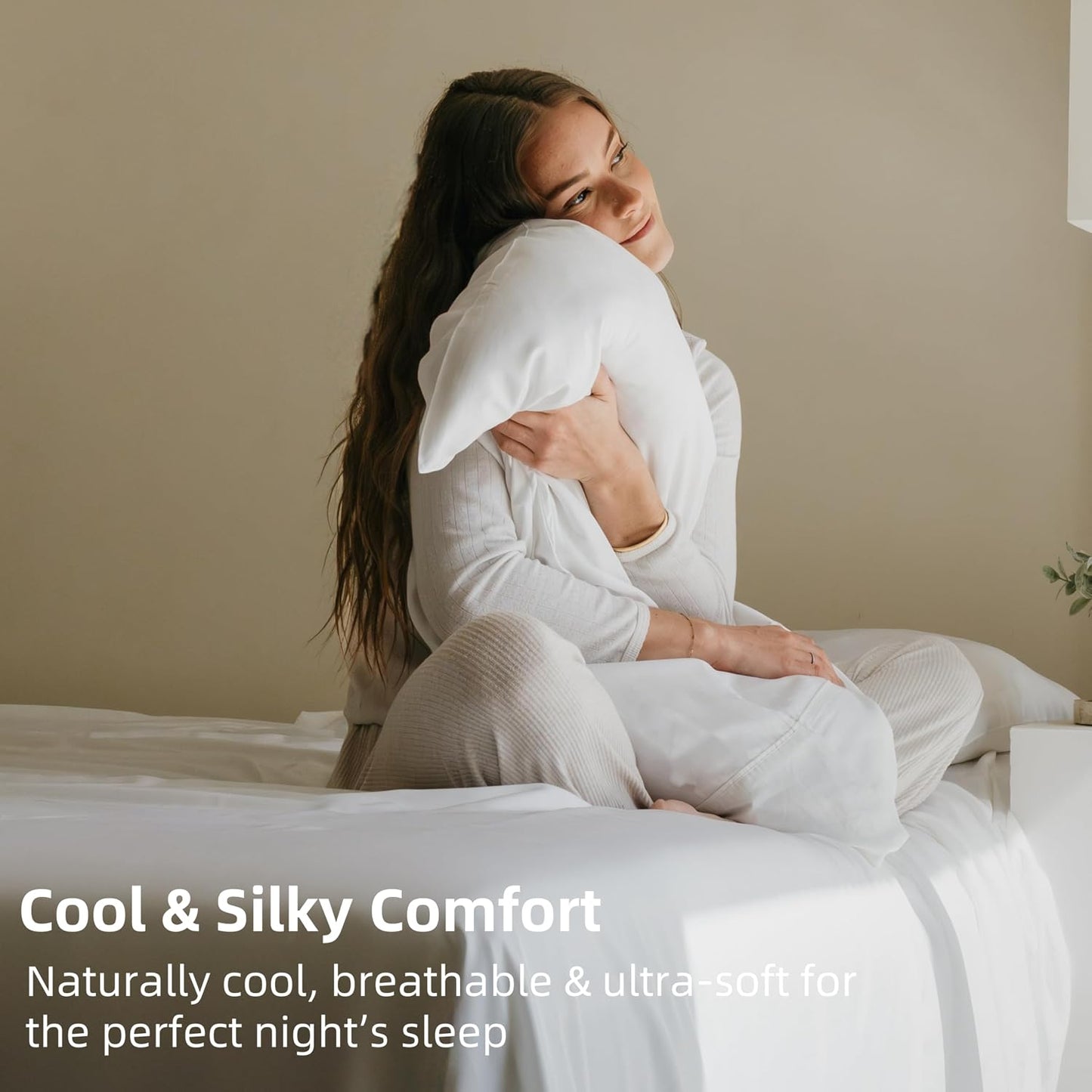 Pillow Cases Queen Size Set of 2, Cooling Pillowcases for Hot Sleepers, 100% Rayon Derived from Bamboo Envelope Soft Pillowcases (Lightbeige)