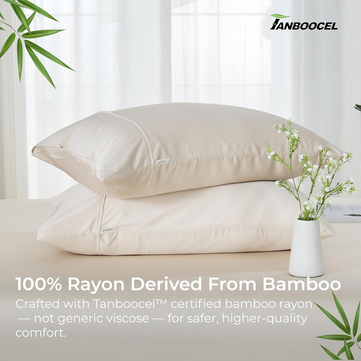 Pillow Cases Queen Size Set of 2, Cooling Pillowcases for Hot Sleepers, 100% Rayon Derived from Bamboo Envelope Soft Pillowcases (Lightbeige)