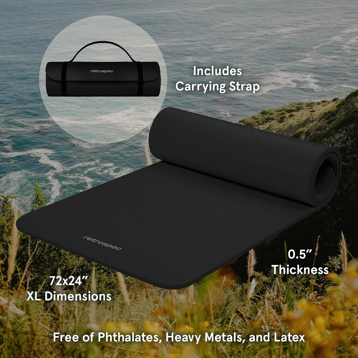 Solana Yoga Mat Thick 1/2in Non-Slip Workout Mat with Nylon Strap - 72x24in Exercise Mat for Pilates, Stretching & Fitness - BPA Free, Easy Clean