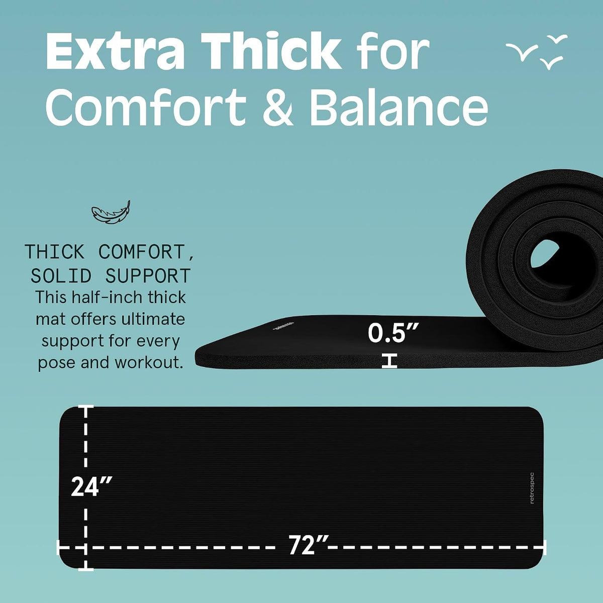 Solana Yoga Mat Thick 1/2in Non-Slip Workout Mat with Nylon Strap - 72x24in Exercise Mat for Pilates, Stretching & Fitness - BPA Free, Easy Clean