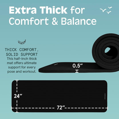 Solana Yoga Mat Thick 1/2in Non-Slip Workout Mat with Nylon Strap - 72x24in Exercise Mat for Pilates, Stretching & Fitness - BPA Free, Easy Clean
