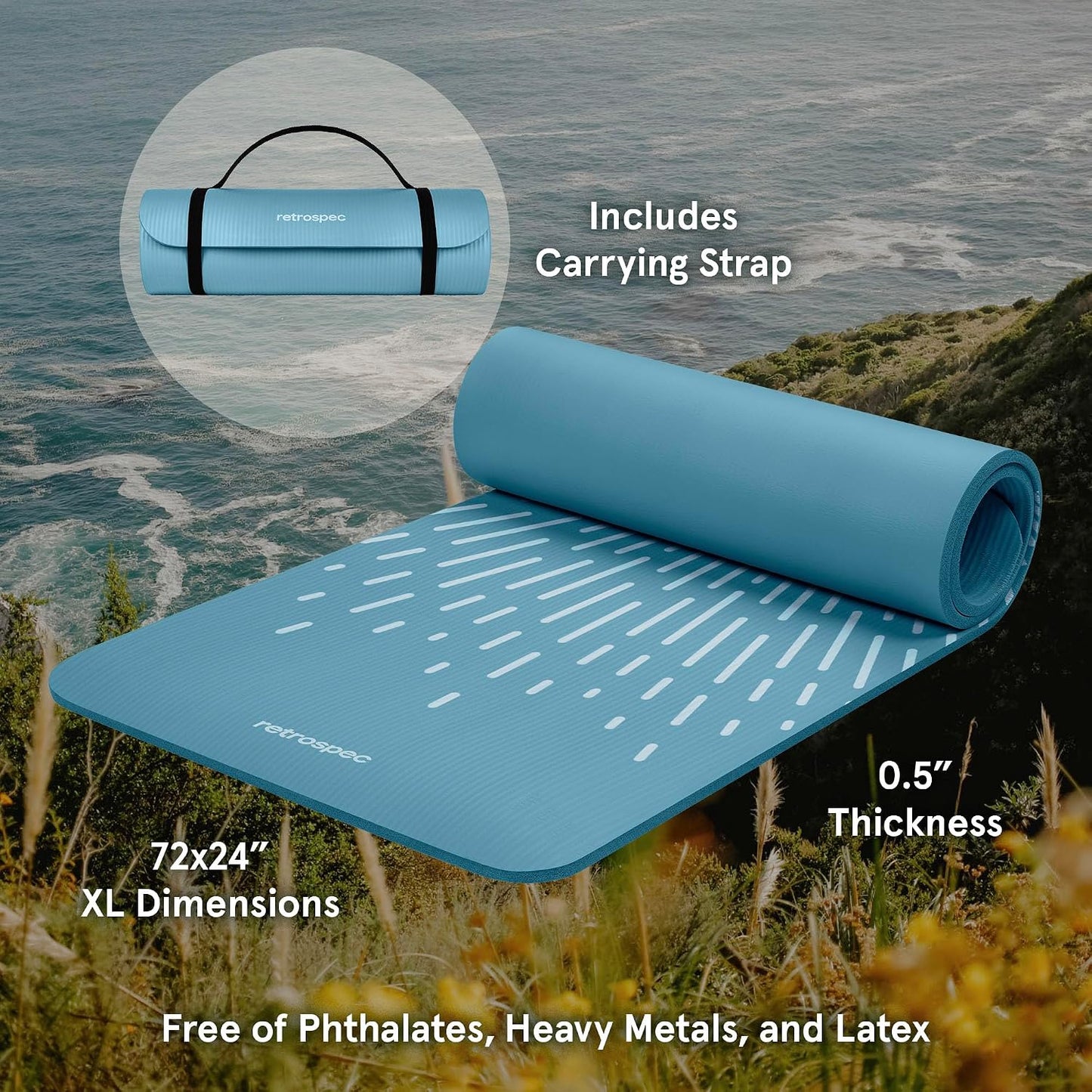 Solana Yoga Mat Thick 1/2in Non-Slip Workout Mat with Nylon Strap - 72x24in Exercise Mat for Pilates, Stretching & Fitness - BPA Free, Easy Clean