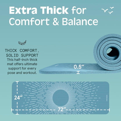 Solana Yoga Mat Thick 1/2in Non-Slip Workout Mat with Nylon Strap - 72x24in Exercise Mat for Pilates, Stretching & Fitness - BPA Free, Easy Clean