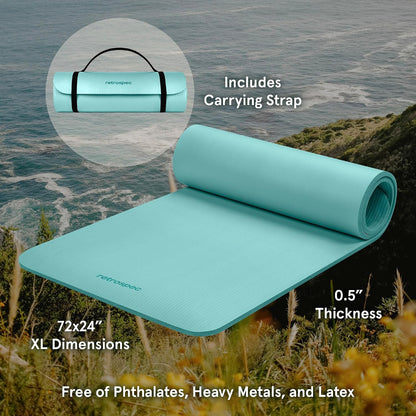 Solana Yoga Mat Thick 1/2in Non-Slip Workout Mat with Nylon Strap - 72x24in Exercise Mat for Pilates, Stretching & Fitness - BPA Free, Easy Clean