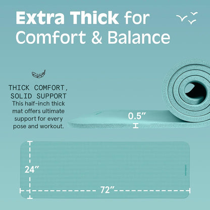 Solana Yoga Mat Thick 1/2in Non-Slip Workout Mat with Nylon Strap - 72x24in Exercise Mat for Pilates, Stretching & Fitness - BPA Free, Easy Clean