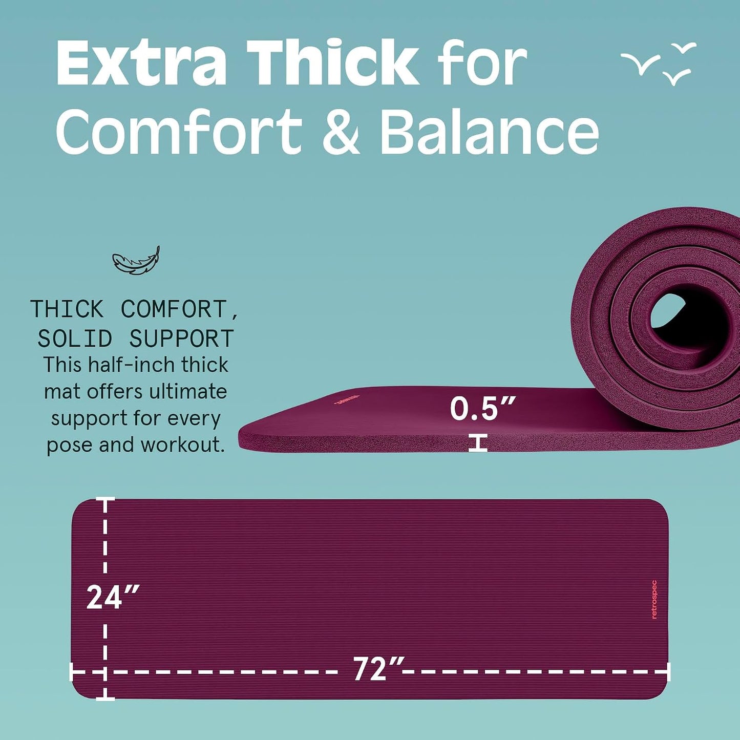 Solana Yoga Mat Thick 1/2in Non-Slip Workout Mat with Nylon Strap - 72x24in Exercise Mat for Pilates, Stretching & Fitness - BPA Free, Easy Clean
