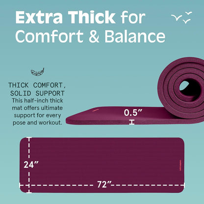 Solana Yoga Mat Thick 1/2in Non-Slip Workout Mat with Nylon Strap - 72x24in Exercise Mat for Pilates, Stretching & Fitness - BPA Free, Easy Clean