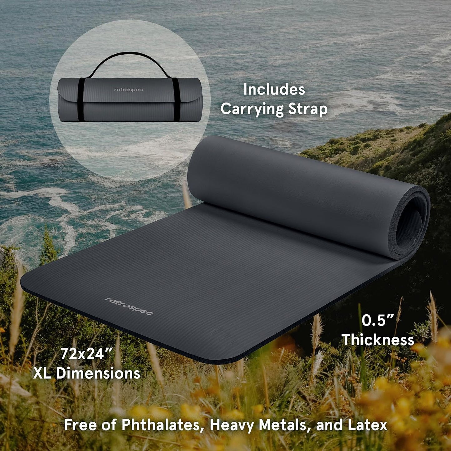 Solana Yoga Mat Thick 1/2in Non-Slip Workout Mat with Nylon Strap - 72x24in Exercise Mat for Pilates, Stretching & Fitness - BPA Free, Easy Clean