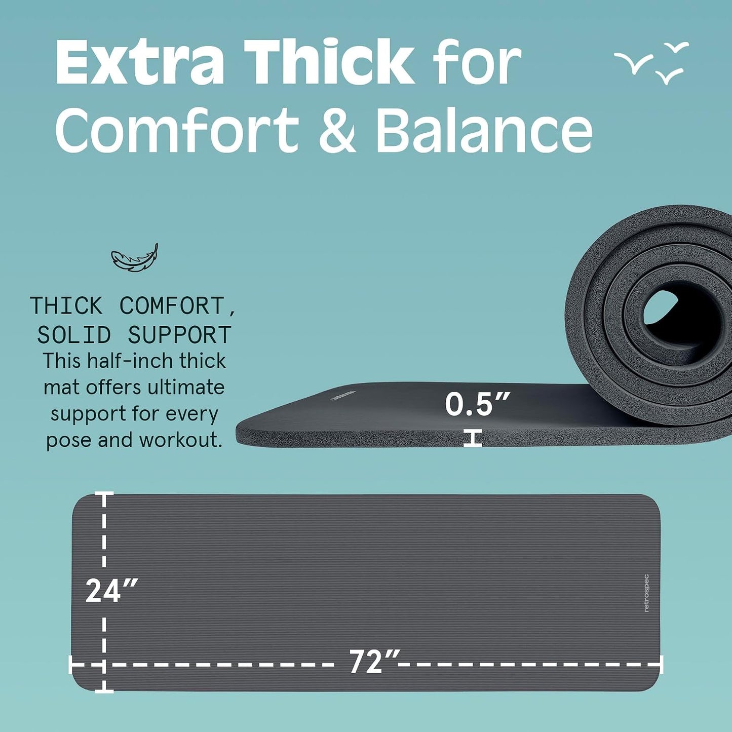 Solana Yoga Mat Thick 1/2in Non-Slip Workout Mat with Nylon Strap - 72x24in Exercise Mat for Pilates, Stretching & Fitness - BPA Free, Easy Clean