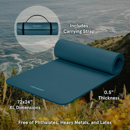 Solana Yoga Mat Thick 1/2in Non-Slip Workout Mat with Nylon Strap - 72x24in Exercise Mat for Pilates, Stretching & Fitness - BPA Free, Easy Clean